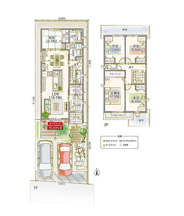 【4号地間取図】アイランドキッチン！！
1階の和室も続き間として活用すると約25帖の大空間。
土間収納、ウッドデッキ、カップボード備え付けなど充実！