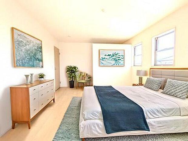 【寝室】3号棟の寝室に家具を配置したイメージ画像です　 ※本画像はCGで作成しており、実際に現地に 家具は置かれておりません。また、価格に 家具は含まれておりません。