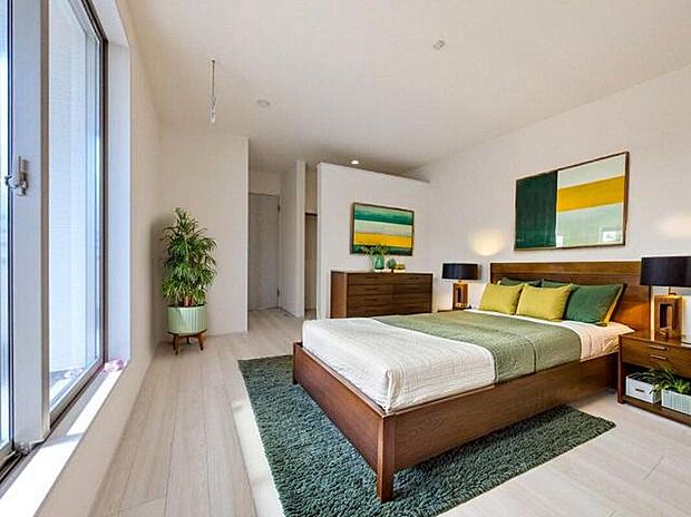 【寝室】1号棟の寝室に家具を配置したイメージ画像です
※本画像はCGで作成しており、実際に現地に 家具は置かれておりません。また、価格に 家具は含まれておりません。