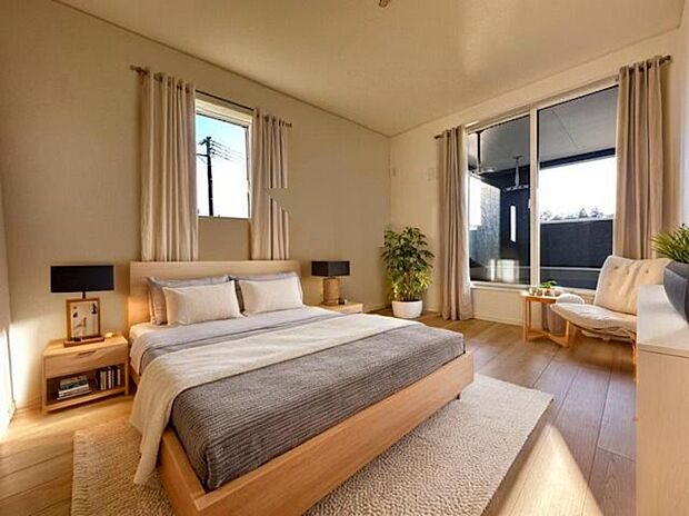 【寝室】寝室に家具を配置したイメージ画像です
※本画像はCGで作成しており、実際に現地に 家具は置かれておりません。また、価格に 家具は含まれておりません。