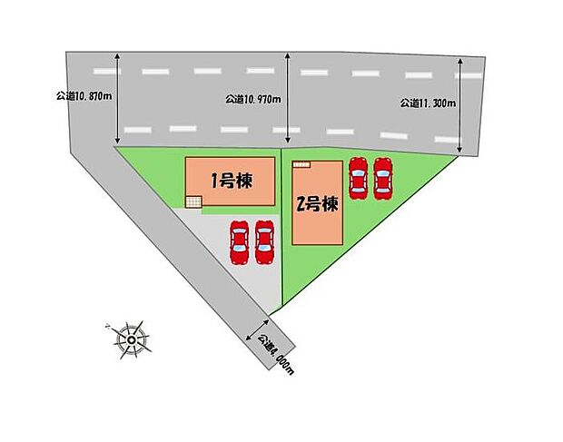 ≪全体区画図≫
駐車２台可能（車種による）！
急な来客時や、ご家族の自転車スペースとしても大活躍♪