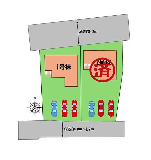 ≪全体区画図≫
駐車３台可能（車種による）！
急な来客時や、ご家族の自転車スペースとしても大活躍♪