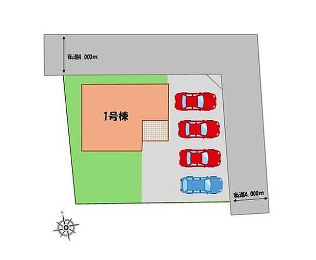 ≪全体区画図≫
駐車４台可能（車種による）！
急な来客時や、ご家族の自転車スペースとしても大活躍♪