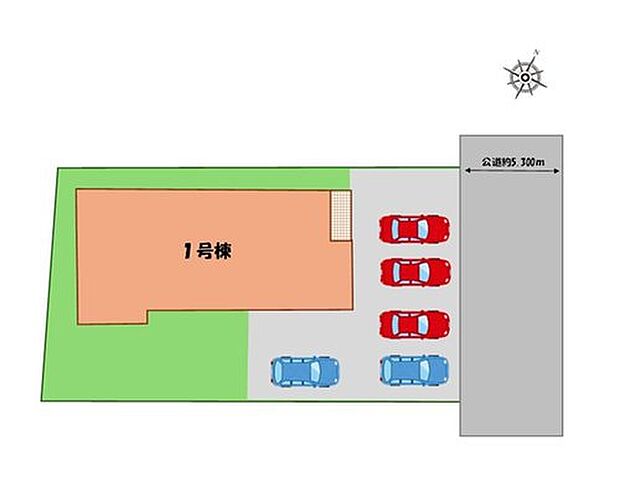 ≪全体区画図≫
駐車５台可能（車種による）！
急な来客時や、ご家族の自転車スペースとしても大活躍♪