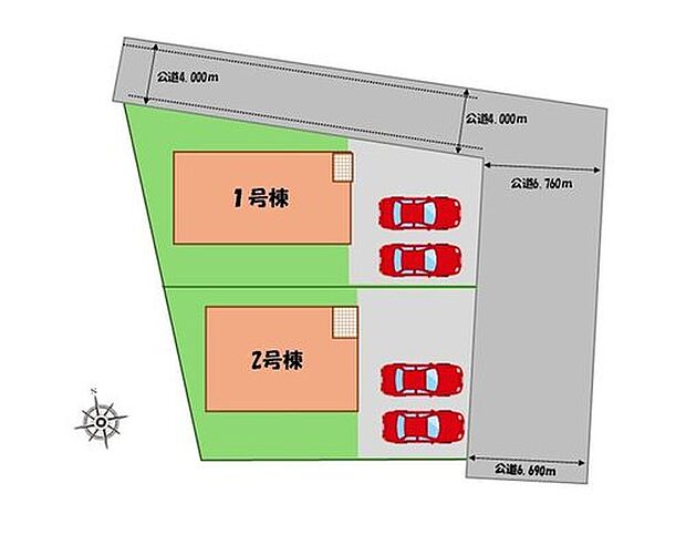 ≪全体区画図≫
駐車2台可能(車種による)!
急な来客時や、ご家族の自転車スペースとしても大活躍♪