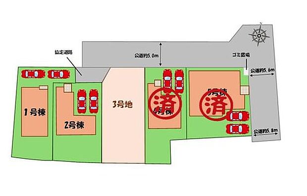 ≪全体区画図≫
駐車２台可能（車種による）！！
家族分の自転車を駐輪したり、来客用の駐車スペースとしてもお使いいただけます。