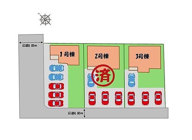 ≪全体区画図≫
駐車４～５台可能（車種による）！
急な来客時や、ご家族の自転車スペースとしても大活躍♪