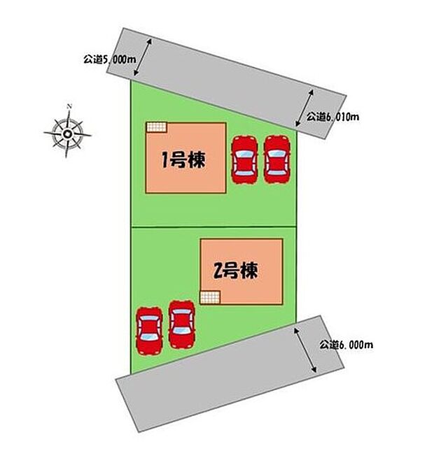 【全体区画図】駐車2台可能(車種による)!
急な来客時や、ご家族の自転車スペースとしても大活躍♪