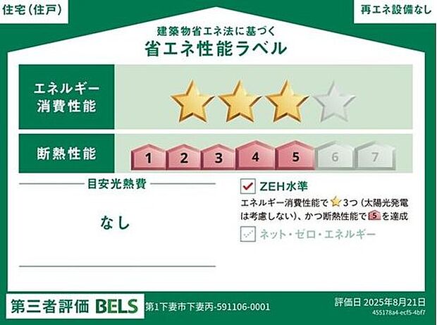 【【省エネ性能ラベル】】こちらの物件はZEH水準を満たした、省エネ性能に優れた物件です。　光熱費を抑えて暮らすことができるだけでなく、「熱の入りにくさ・逃げにくさ」という観点でも影響を受けにくい建物のため、長く快適にお過ごしいただけます♪　※本ラベルは特定の住戸の性能を示すものであり、全ての住戸の性能を示すものではありません。