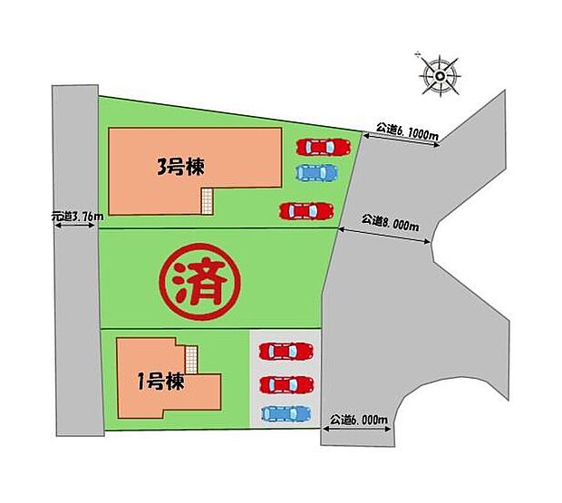 【全体区画図】駐車３台可能（車種による）！
急な来客時や、ご家族の自転車スペースとしても大活躍♪