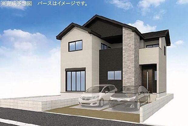 【完成予想図(外観)】２号棟
一戸建ての大きなメリットは、「自分の土地」を自由に使えること。好きなペットが飼えるほか、ガーデニングやＤＩＹ、車の手入れなど様々な趣味を楽しめます♪広いお庭でのびのびと開放的に暮らしましょう！