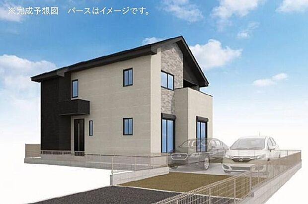 【完成予想図(外観)】３号棟＞木のぬくもりが感じられる優しい色合いの外観は、街並みに自然と溶け込み、訪れる人の心をほっと和ませます。家族の時間がより豊かに、穏やかに流れる住まいです。