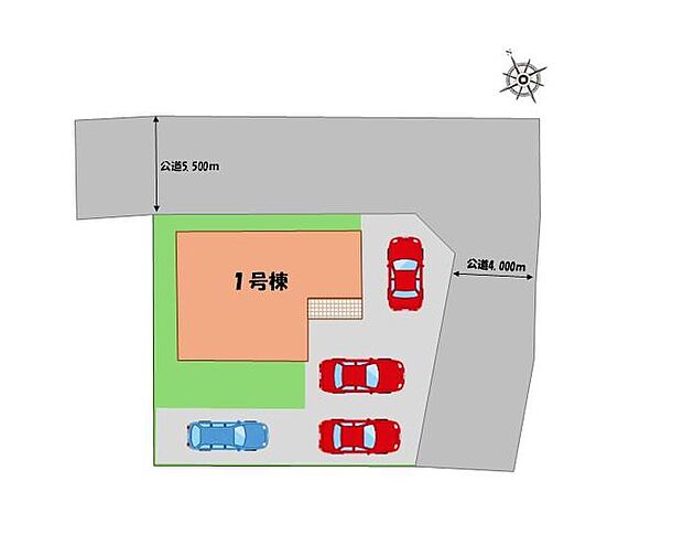 【全体区画図】駐車4台可能(車種による)!
急な来客時や、ご家族の自転車スペースとしても大活躍♪