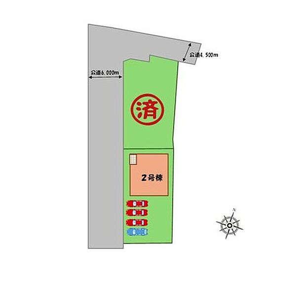 【全体区画図】駐車４台可能（車種による）！
急な来客時や、ご家族の自転車スペースとしても大活躍♪
