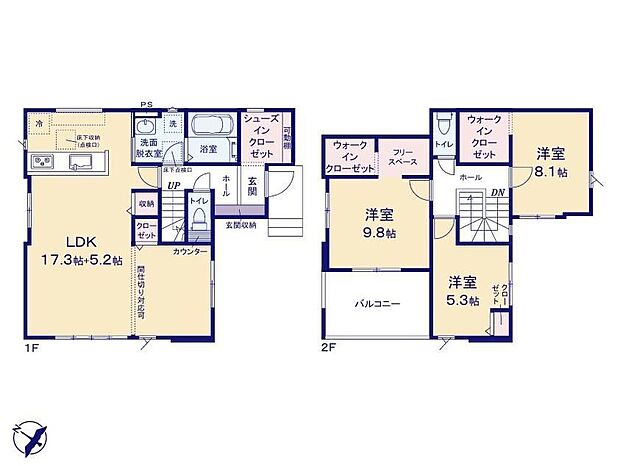 【3LDK】シューズインクロークは、玄関回りをまとめて収納できるため、いつもすっきり清潔に保てます。動線もスムーズになり、家族の出入りが快適に。見せない収納で生活感を隠せるのも嬉しいポイントです。