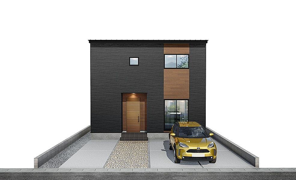 ブラックと木目調のアクセントカラーの2色で構成されたおしゃれな外観が特徴的です。
駐車は3台可能です♪人気の南向き玄関！
