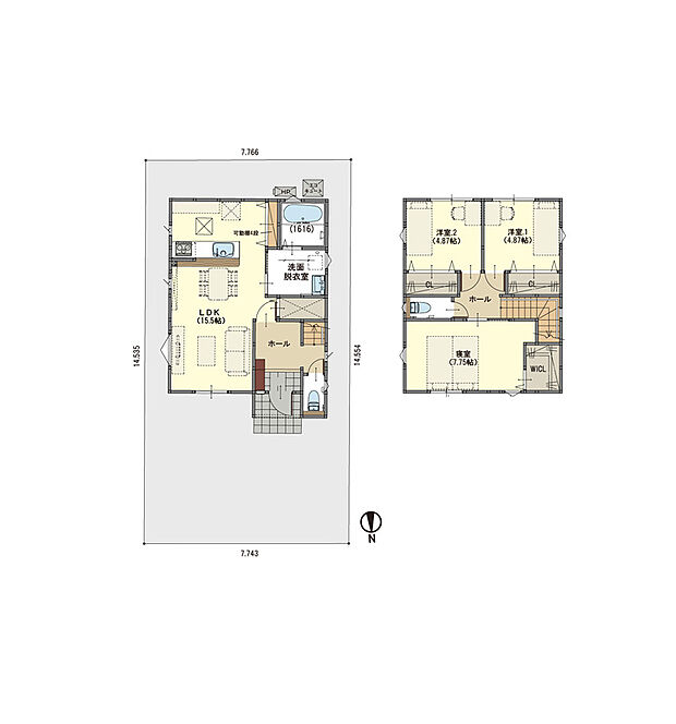 LDKは一体型で家族が集まって楽しい時間を過ごすのに最適な空間です。2階には、CL完備の3つの居室を配置!さらにキッチンや階段下に物入完備で収納力◎+花粉の季節も安心のホスクリーン付洗面脱衣室。