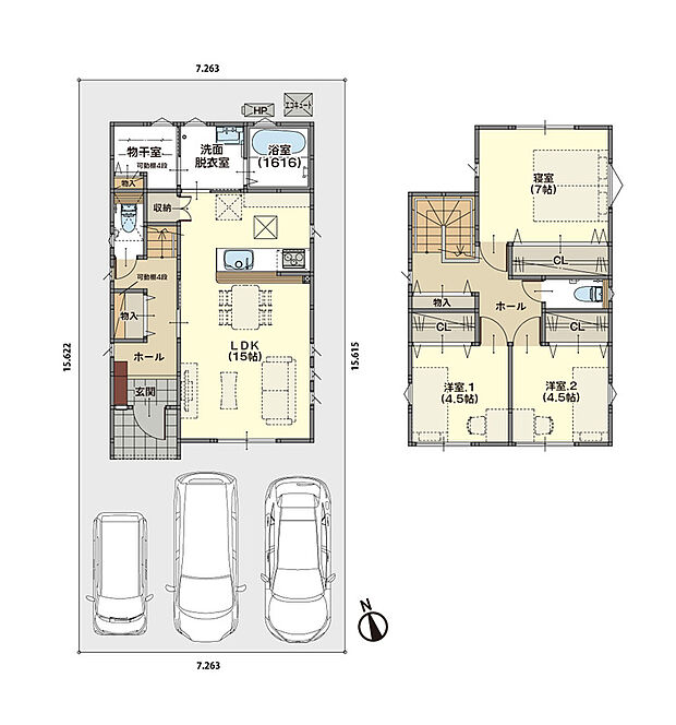 LDKは一体型で家族が集まって楽しい時間を過ごすのに最適な空間です。2階には、CL完備の3つの居室を配置!さらに階段下や2階ホールに物入完備で収納力◎+花粉の季節も安心のホスクリーン付洗面脱衣室。