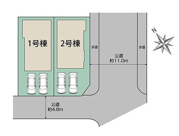 ≪全体区画図≫
カースペース２台分♪南向き道路で陽当たり良好♪角地につき開放的な環境です♪
