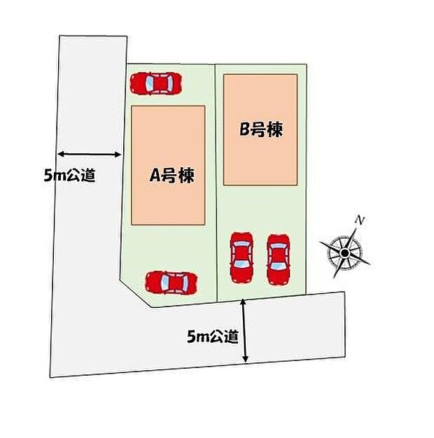 【全体区画図】
カースペース2台分♪角地につき陽当たり良好♪