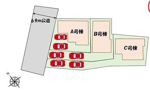 【全体区画図】
カースペース２台分♪前面道路６．９ｍで駐車も楽々♪