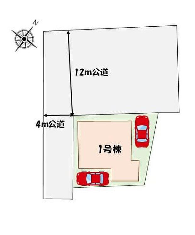 ≪全体区画図≫
カースペース2台分♪前面道路12メートルで開放的、陽当たり良好♪