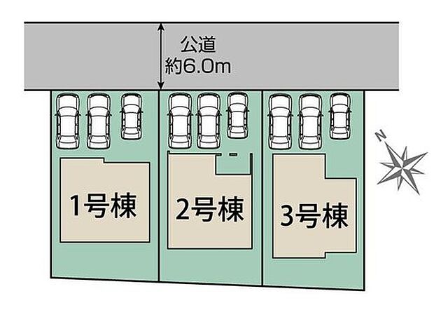 【全体区画図】カースペース３台分♪前面道路６mで解放感たっぷり♪