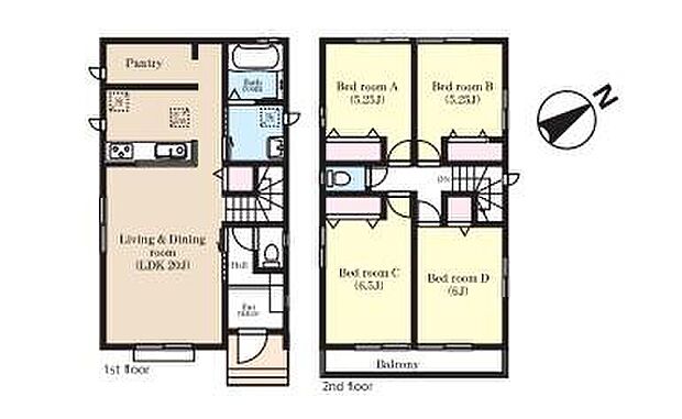 【4LDK】ご家族が集う空間と、個の時間を大切にする居室をしっかり分け合える２階４居室プラン♪まとめ買いしてもこの収納量なら心配いらずの、パントリーと床下収納♪