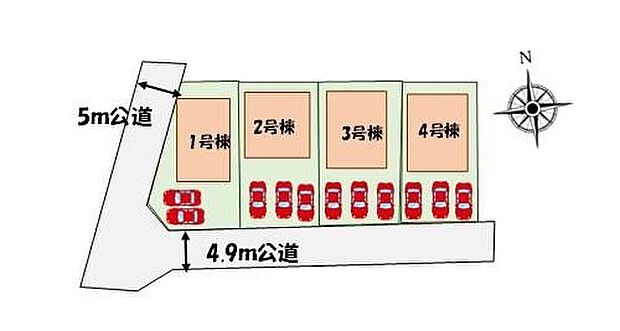 【≪全体区画図≫】カースペース２～３台分ございますので、家族分の自転車を駐輪したり、来客用の駐車スペースとしてもお使いいただけます。