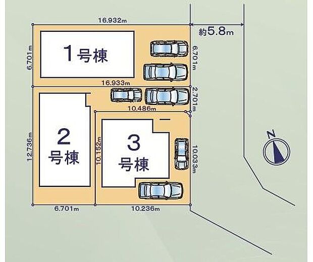 【全体区画図】車種によりカースペース２台分！前面道路は車通りが少ないため、駐車の際にも慌てることがなく安心です♪
