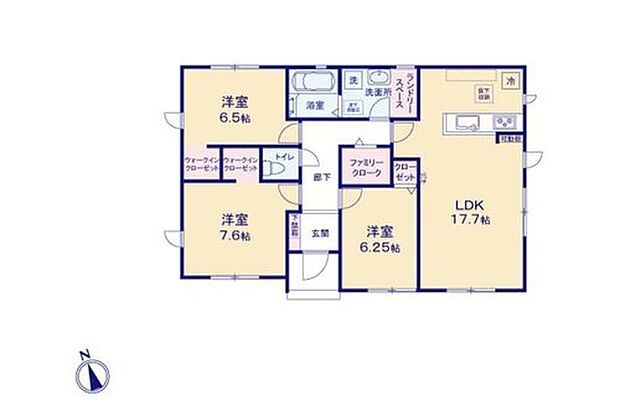 【3LDK】生活がワンフロアで完結する平屋は、家族と顔を合わせる機会が増えるため、お互いの様子がよくわかるようになり家族の絆がより深まります♪ファミリークロークやウォークインクローゼットなど収納豊富♪