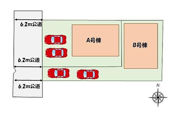 【全体区画図】カースペース2台分♪前面道路6mで駐車も楽々♪