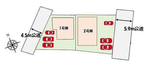 【全体区画図】カースペース3台分♪2棟共敷地面積50坪超♪