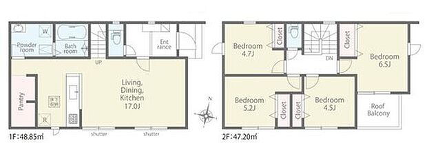 【4LDK】17帖のLDKは家族のだんらんはもちろん、お子様のリビング学習にもぴったり♪2階に4部屋をまとめることで、ご家族それぞれのプライベート空間も保てます♪全居室に収納を完備しスッキリ片付くお住まいです☆