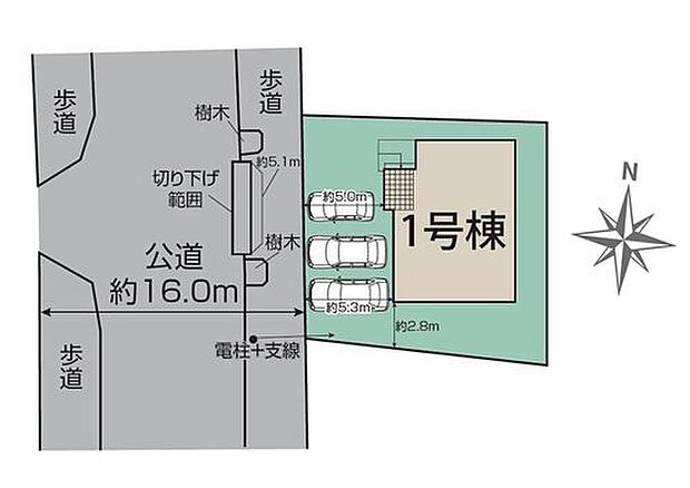 【全体区画図】カースペースは車種により並列３台分♪前面道路は広々としているため、日当たり・風通しが良く開放感がございます！