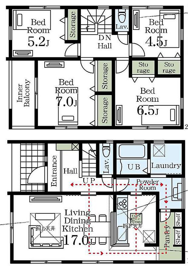 【4LDK】ご家族が集う空間と、個の時間を大切にする居室をしっかり分け合える２階４居室プラン♪育ちざかりのお子様を持つママに嬉しいパントリー(食糧貯蔵庫)付き♪