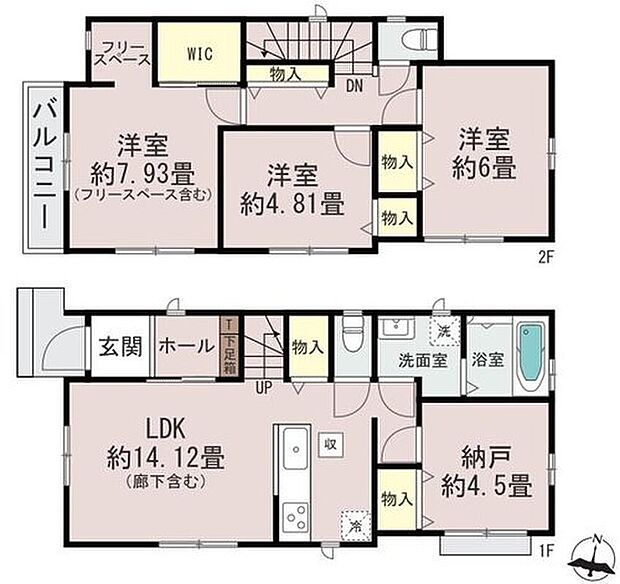 【3LDK+S】全居室南向きの明るい邸宅♪
帰宅時・外出時の自然なコミュニケーションを育むリビングイン階段を採用。仲良し家族の画が浮かびます♪
LDK横には４．５帖の納戸があります♪