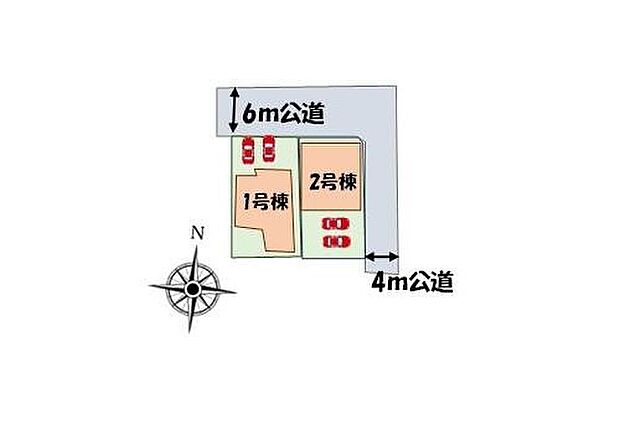 【全体区画図】開放感あふれる角地を含む全2棟の明るいお住まい♪
カースペース2台分完備しております。