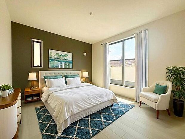 2面採光を施した為、晴れの日の日中はいつも明るい室内に。(現況の物件写真に、CG による画像処理を行っています。家具、家電、照明器具、小物、カーテン、その他のイメージはCG です。)