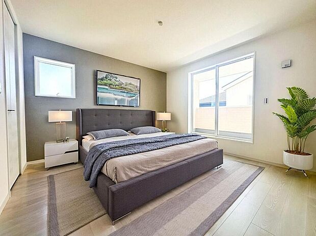 １号棟
２面採光を施したため、晴れの日の日中はいつも明るい室内に。（現況の物件写真に、CG による画像処理を行っています。家具、家電、照明器具、小物、カーテン、その他のイメージはCG です。）