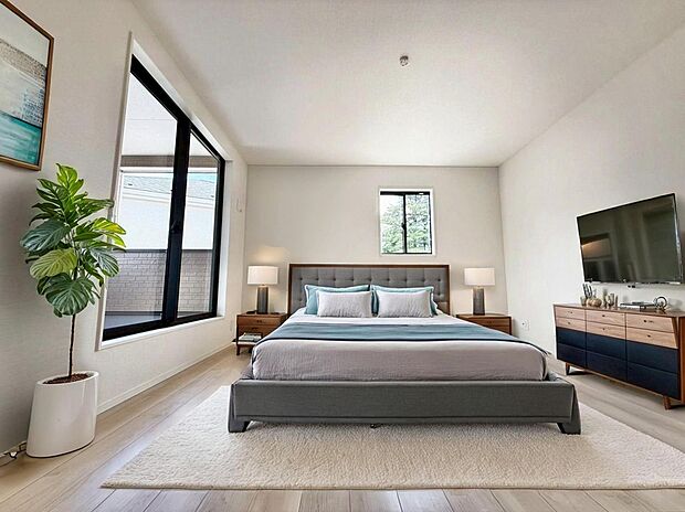 【リビング以外の居室】１号棟
２面採光を施した為、晴れの日の日中はいつも明るい室内に。（現況の物件写真に、CG による画像処理を行っています。家具、家電、照明器具、小物、カーテン、その他のイメージはCG です。）