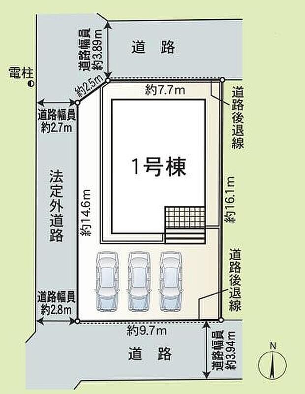 【全体区画図】１号棟　１，９９０万円

並列３台駐車できるカースペースあり☆