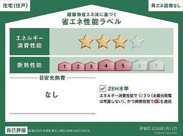 【省エネ性能ラベル】こちらの物件はZEH水準を満たした、省エネ性能に優れた物件です。光熱費を抑えて暮らすことができるだけでなく、「熱の入りにくさ・逃げにくさ」という観点でも影響を受けにくい建物のため、長く快適にお過ごしいただけます♪