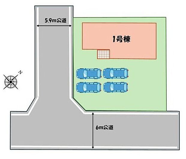 【区画図】１号棟　２，３９０万円
ゆとりあるカースペース♪4台駐車可能◎お車の出し入れもスムーズです！
