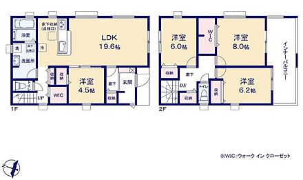 ☆LDK広々19.6帖！対面式キッチン＆リビングイン階段採用♪
☆水回り集中設計！効率的でストレスのない家事動線◎
☆WICを2箇所に設置♪お部屋スッキリ♪
☆2部屋から行き来できる続きバルコニーでお洗濯も快適♪ 