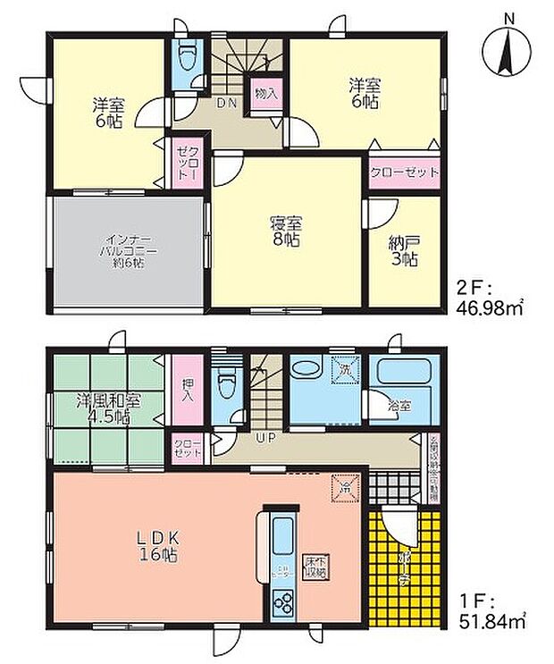 ２号棟：ＬＤＫ横には嬉しい４．５帖の和室付き♪２階全居室６帖以上とプライベート空間も広々♪