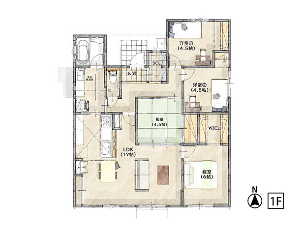 【4LDK】LDKと和室を開放することで、約21.5帖の大空間として利用でき、多様な生活シーンに対応できます！
LDKから洗面脱衣室・浴室へのアクセスが良く、水回りもまとまっているため、家事効率が良い設計です。