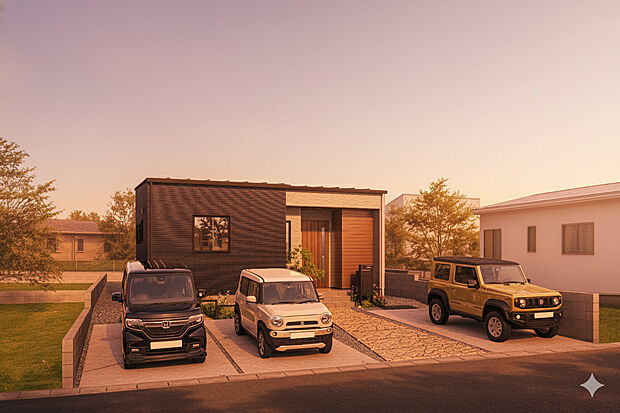【【イメージパース/外観（夕景）】】駐車場は、なんと余裕の３台並列可能！
