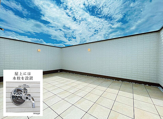 【【そらいろ空間（屋上）】】壁を高くすることで周囲からの視線を感じることなくリラックスできるプライベート屋上空間。
プールやホームパーティーなどご家族それぞれの使い方ができます！