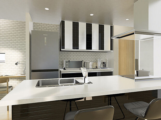 ペニンシュラキッチン（半島型）を採用。 解放感があり、コミュニケーションを取りやすいのが特徴です。※施工事例です。実物とは異なります。